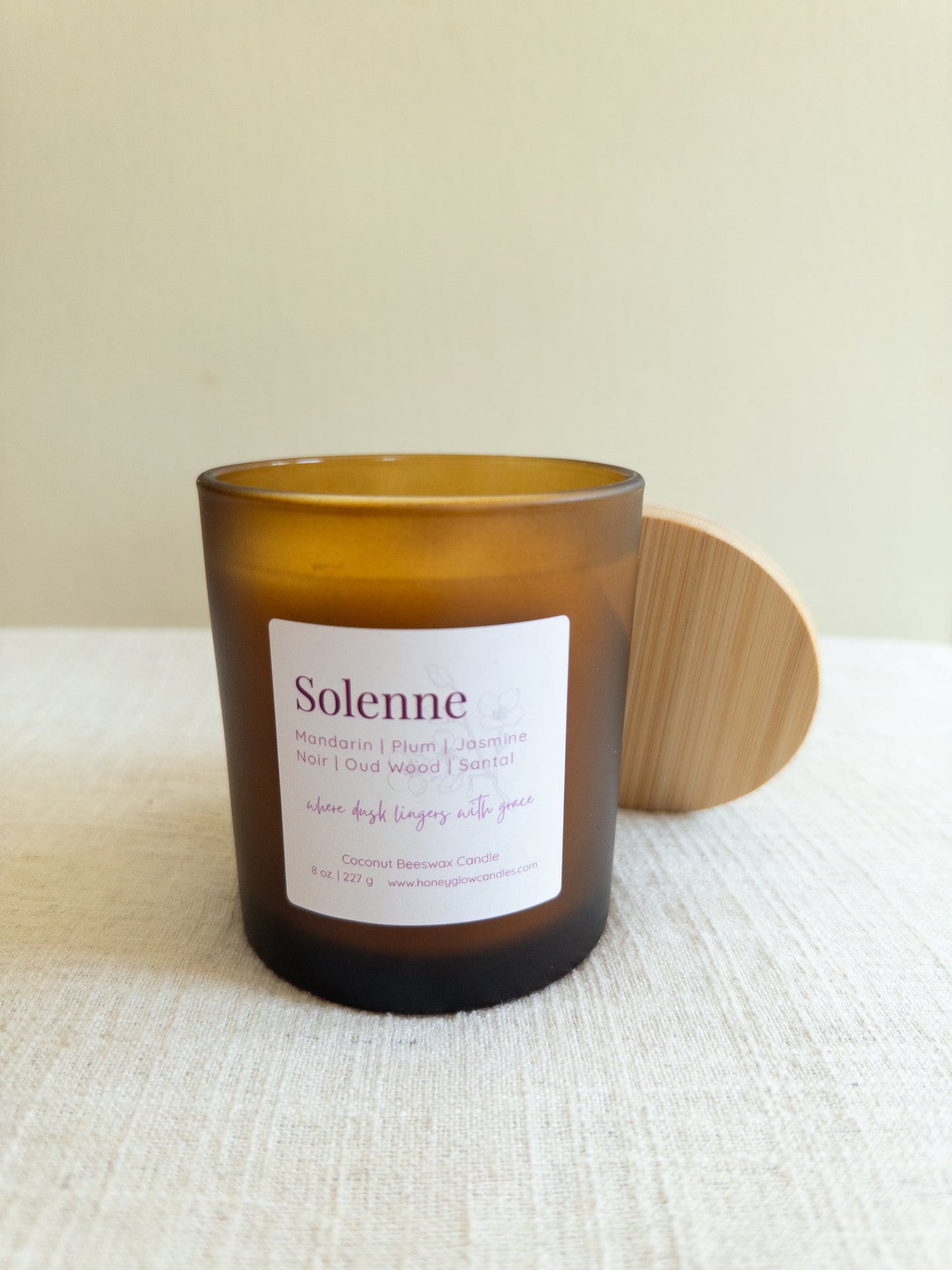 Solenne | Coconut Beeswax Candle | 8 oz. Frosted Amber Tumbler | Crackling Wood Wick