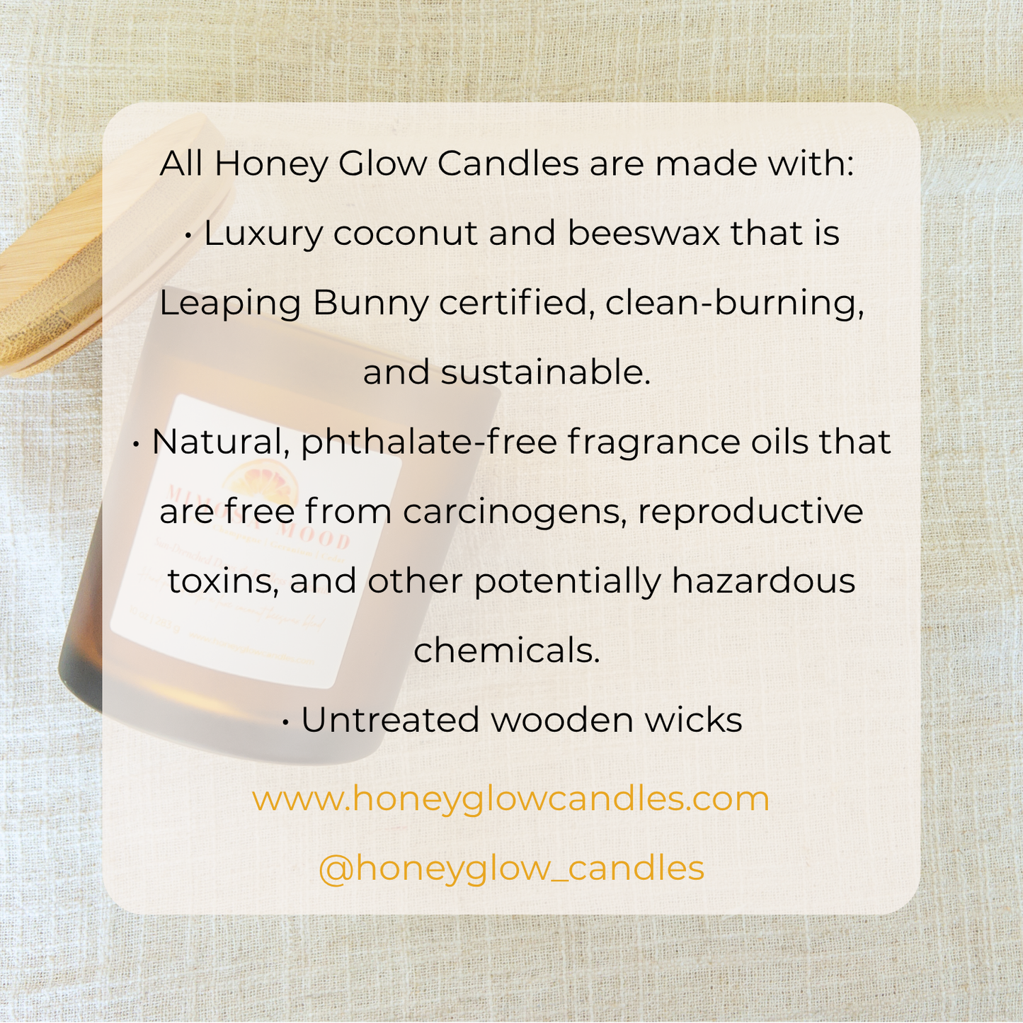 Coconut beeswax wood wick candle with clean-burning, slow-melting benefits. Natural and pthlalate free fragrance oils, leaping bunny certified wax.