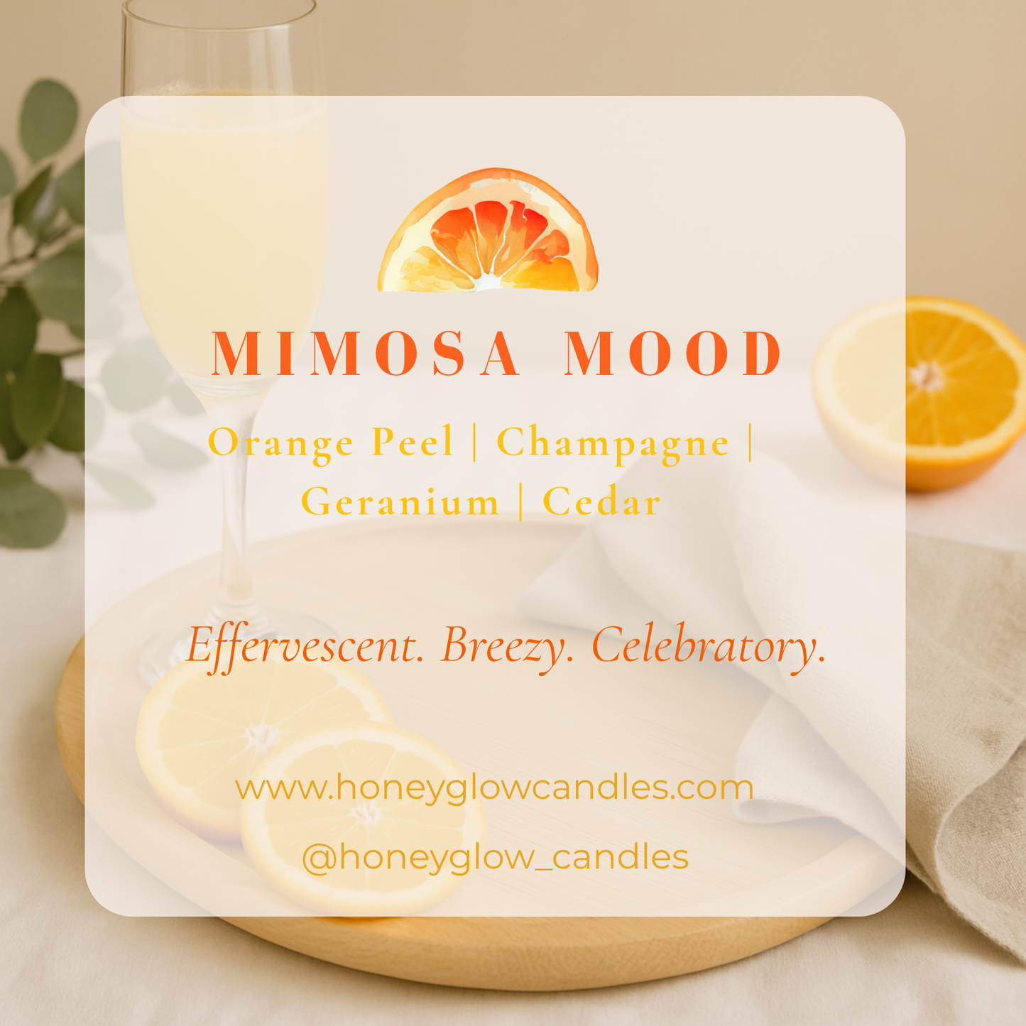 Fragrance notes of Mimosa Mood candle: orange peel, geranium, champagne, cedar