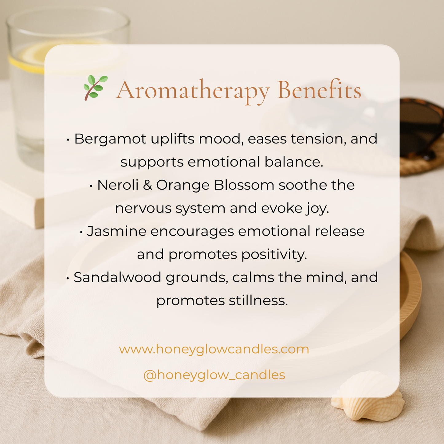 Aromatherapy benefits of Sunkissed candle. Uplifting, eases tension, evokes joy, emotional release, grounding.