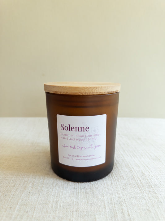 Solenne | Coconut Beeswax Candle | 8 oz. Frosted Amber Tumbler | Crackling Wood Wick